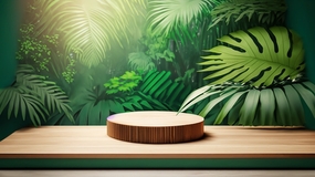 圆木展台绿色叶子背景摄影图片